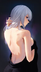 Rule 34 | 1girl, absurdres, back, bare shoulders, black dress, braid, breasts, clisapex, dress, gradient background, grey eyes, hairband, highres, ji chenxing, long hair, looking at viewer, medium breasts, parted lips, purple eyes, sideboob, snowbreak: containment zone, solo, upper body, white hair
