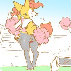 Rule 34 | 1girl, animal ears, ass, blush, braixen, camera, cheerleader, clothing aside, creatures (company), fox ears, fox tail, from behind, from below, full body, furry, game freak, gen 6 pokemon, glacier clear, grass, hair ornament, looking back, nintendo, panties, panties aside, pleated skirt, pokemon, pokemon (creature), pokemon xy, pom pom (cheerleading), pussy, red eyes, red panties, red skirt, short sleeves, short twintails, skirt, sky, smile, standing, tail, tree, twintails, uncensored, underwear