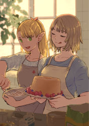 Rule 34 | 2girls, apron, baking, blonde hair, blue shirt, brown hair, cake, closed eyes, dungeon meshi, elf, falin touden, falin touden (tallman), food, green eyes, highres, jack (haist), kitchen, long hair, looking at another, marcille donato, multiple girls, pointy ears, ponytail, shirt, short hair, striped clothes, striped shirt, sunlight, tongue, tongue out, window
