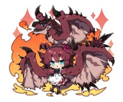 Rule 34 | 1girl, apron, black bow, black footwear, black hairband, blue eyes, bow, breasts, breath weapon, breathing fire, brown hair, brown pantyhose, brown wings, character request, chibi, commentary request, dragon girl, dragon horns, dragon wings, dress, fire, flower, frilled apron, frills, hair between eyes, hair flower, hair ornament, hairband, highres, horns, looking at viewer, medium breasts, milkpanda, monster hunter (series), open mouth, pantyhose, personification, purple flower, purple rose, rathalos, red dress, rose, shoes, short eyebrows, simple background, solo, thick eyebrows, white apron, white background, wings
