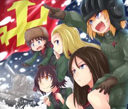 Rule 34 | &gt;:d, 10s, 5girls, :d, alina (girls und panzer), black footwear, black hair, black vest, blonde hair, blue eyes, blurry, blurry background, boots, brown gloves, brown hair, brown hat, clara (girls und panzer), closed mouth, commentary, covering own mouth, depth of field, emblem, fang, flag, girls und panzer, gloves, green jacket, green jumpsuit, hat, helmet, jacket, jumpsuit, katyusha (girls und panzer), kitayama miuki, kv-w, long hair, long sleeves, looking at another, looking to the side, military, military uniform, multiple girls, nina (girls und panzer), nonna (girls und panzer), open mouth, pravda (emblem), pravda military uniform, red shirt, shirt, short hair, short jumpsuit, short twintails, smile, snow, standing, sweatdrop, swept bangs, tank helmet, turtleneck, twintails, uniform, ushanks, v-shaped eyebrows, vest, w arms, wavy mouth