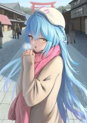 Rule 34 | 1girl, absurdres, ahoge, beret, blue hair, blurry, blurry background, braid, breath, brown sweater, day, flower, hair between eyes, hair flower, hair ornament, hands up, hat, heart, heart ahoge, highres, hololive, long hair, long sleeves, looking at viewer, new year, open mouth, outdoors, pink scarf, scarf, sleeves past wrists, solo focus, sweater, torii, torjun 111, upper body, very long hair, virtual youtuber, white flower, white headwear, winter, yellow eyes, yukihana lamy