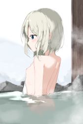Rule 34 | 1girl, blue eyes, blush, breasts, closed mouth, commentary request, covering privates, from side, grey hair, hair between eyes, highres, looking away, nipples, nude cover, onsen, original, partially submerged, profile, short hair, small breasts, solo, steam, upper body, zagashira
