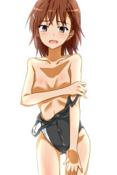 Rule 34 | 1girl, bad id, bad pixiv id, bare shoulders, black one-piece swimsuit, blush, breasts, brown eyes, brown hair, censored, clothes pull, collarbone, convenient censoring, covered navel, etsuji, hair ornament, looking at viewer, misaka mikoto, one-piece swimsuit, one-piece swimsuit pull, open mouth, school swimsuit, short hair, simple background, small breasts, solo, standing, swimsuit, thigh gap, toaru kagaku no railgun, toaru majutsu no index, tokiwadai school swimsuit, undressing, white background