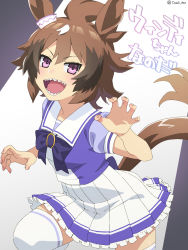 Rule 34 | 1girl, :d, animal ears, blue shirt, bow, breasts, brown hair, claw pose, commentary request, frilled skirt, frills, hair between eyes, highres, horse ears, horse girl, horse tail, looking at viewer, medium breasts, open mouth, pleated skirt, puffy short sleeves, puffy sleeves, purple bow, purple eyes, sharp teeth, shinko windy (umamusume), shirt, short sleeves, skirt, smile, solo, standing, standing on one leg, tail, teeth, thighhighs, tonbi, translation request, twitter username, umamusume, v-shaped eyebrows, white skirt, white thighhighs