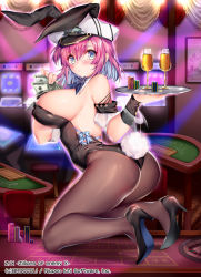 Rule 34 | 1girl, animal ears, ass, bare shoulders, black leotard, blue eyes, blush, bow, bowtie, breasts, brown pantyhose, casino, cup, detached collar, drinking glass, fake animal ears, hat, high heels, kneeling, large breasts, leotard, money, multicolored hair, obiwan, official art, pantyhose, peaked cap, playboy bunny, purple hair, rabbit ears, rabbit tail, short hair, solo, strapless, strapless leotard, tail, tray, two-tone hair, watermark, wine glass, wrist cuffs, z/x