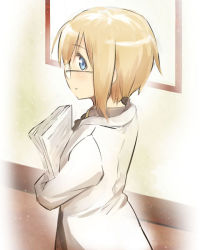 Rule 34 | 1girl, blonde hair, blue eyes, blush, glasses, lab coat, looking at viewer, profile, sandwich (artist), short hair, solo, strike witches, strike witches: suomus misfits squadron, tsuchii (ramakifrau), ursula hartmann, world witches series