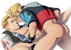 Rule 34 | 1990s (style), 2boys, abs, age difference, anal, ass, bara, blonde hair, blue eyes, bottomless, clenched teeth, eye contact, face-to-face, facial mark, final fantasy, final fantasy viii, leg grab, leg hold, looking at another, male focus, male penetrated, multiple boys, muscular, pectorals, penis, retro artstyle, scar, seifer almasy, sex, short hair, simple background, size difference, spread legs, teeth, testicles, thigh grab, uncensored, white background, yaoi, zell dincht