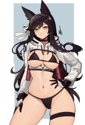 Rule 34 | 1girl, :3, absurdres, animal ears, atago (azur lane), azur lane, bikini, black bikini, black choker, black hair, breasts, choker, closed mouth, commission, contrapposto, cropped hoodie, distr, hair ribbon, hand on own hip, highres, hood, hood down, hoodie, large breasts, long hair, long sleeves, looking at viewer, micro bikini, mole, mole under eye, narrow waist, navel, ribbon, signature, smile, smug, solo, swimsuit, very long hair, white ribbon, yellow eyes