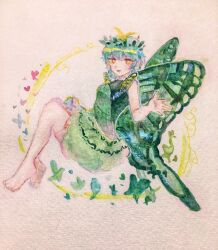 Rule 34 | 1girl, 21scorpii, animal print, antennae, aqua hair, barefoot, brown eyes, bug, butterfly, butterfly print, butterfly wings, chinese commentary, commentary request, dress, eternity larva, fairy, floating, full body, green dress, green wings, hair ornament, highres, insect, insect wings, leaf, leaf hair ornament, leaf on head, looking at viewer, outstretched arm, painting (medium), short hair, short sleeves, touhou, traditional media, watercolor (medium), wings