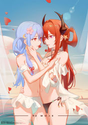 Rule 34 | 2girls, absurdres, arknights, arm scrunchie, artist name, bikini, blue hair, breasts, character request, cloud, cowboy shot, crescent, demon horns, flower, food in mouth, hair between eyes, hair flower, hair ornament, hand on another&#039;s cheek, hand on another&#039;s chest, hand on another&#039;s face, hand on another&#039;s hip, highres, horns, lens flare, long bangs, long hair, looking at another, moje (mojie2233), multiple girls, navel, open mouth, outdoors, petals, pink flower, purple eyes, red eyes, red hair, red ribbon, ribbon, side-tie bikini bottom, sky, small breasts, standing, star (symbol), stomach, surtr (arknights), swimsuit, teeth, yuri