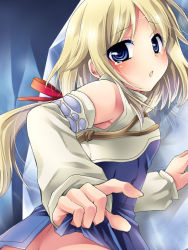 Rule 34 | 1girl, bad id, bad pixiv id, blonde hair, blue eyes, blush, clothes lift, detached sleeves, from behind, hair ribbon, looking back, meguro (c complex), mist (rune factory), no panties, ribbon, rune factory, rune factory 1, skirt, skirt lift, solo, tears