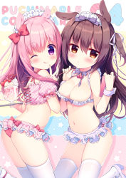 Rule 34 | 2girls, ;q, animal ears, bare shoulders, bikini, blush, bow, breasts, brown eyes, brown hair, cleavage, closed mouth, commentary request, crazy straw, drinking straw, fingernails, gingham, hair between eyes, hair bow, hair ribbon, hands up, heart straw, high heels, hisagi (puchimaple), holding, holding pencil, holding tray, maid, maid bikini, medium breasts, multiple girls, one eye closed, one side up, original, parfait, pencil, pink bikini, pink hair, puffy short sleeves, puffy sleeves, purple bikini, purple bow, purple eyes, purple footwear, purple ribbon, rabbit ears, rabbit girl, rabbit tail, red bow, ribbon, shoes, short sleeves, smile, swimsuit, tail, thighhighs, tongue, tongue out, tray, unconventional maid, v, white legwear, wrist cuffs