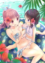 Rule 34 | 2girls, afloat, age difference, bikini, blue bow, blurry, blurry foreground, blush, bow, breasts, brown hair, cleavage, depth of field, double scoop, flower, food, groin, hair flower, hair ornament, hair scrunchie, halterneck, high ponytail, highres, holding, holding food, ice cream, ice cream cone, innertube, kuune rin, long hair, lying, medium breasts, multiple girls, navel, on back, on person, open mouth, original, petals, petals on liquid, pink scrunchie, plaid, plaid scrunchie, ponytail, purple bikini, purple eyes, purple hair, red eyes, red flower, scrunchie, siblings, sisters, sitting, swim ring, swimsuit, twitter username, water, white bikini