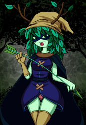 Rule 34 | 1girl, :p, adventure time, antlers, arrow (projectile), cape, colored skin, cowboy shot, domino mask, dryad, forest, green eyes, green hair, green skin, highres, horns, huntress wizard, leaf, looking at viewer, mask, monster girl, nature, outdoors, panties, pantyshot, plant girl, solo, standing, thigh gap, tongue, tongue out, tree, underwear