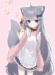 Rule 34 | 1girl, absurdres, ahoge, animal ear fluff, animal ears, apron, arms at sides, bell, black bow, blue eyes, blunt bangs, bow, bowtie, character request, choker, closed mouth, cowboy shot, eyelashes, frilled apron, frilled skirt, frills, grey hair, grey skirt, hair bell, hair between eyes, hair bow, hair ornament, highres, jingle bell, leaf, leaning to the side, leg ribbon, long hair, long sleeves, looking at viewer, miniskirt, neck bell, off-shoulder sweater, off shoulder, paw print, paw print background, pink background, pink sweater, plaid, plaid skirt, pleated skirt, print apron, red bow, red bowtie, red choker, red ribbon, ribbon, seika (eevz2274), simple background, skirt, sleeves past fingers, sleeves past wrists, smile, star (symbol), sweater, tail, tail raised, thigh ribbon, very long hair, white apron, white ribbon