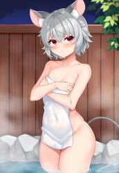Rule 34 | 1girl, animal ear fluff, animal ears, blush, breasts, closed mouth, covered navel, covering privates, covering breasts, cowboy shot, crossed wrists, daichi (tokoya), embarrassed, grey hair, hair between eyes, highres, mouse ears, mouse tail, naked towel, nazrin, night, onsen, outdoors, petite, red eyes, short hair, small breasts, solo, standing, steam, tail, touhou, towel, wading, water, wet