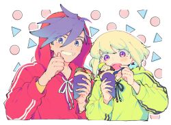 Rule 34 | 2boys, alternate costume, blonde hair, blue eyes, blue hair, blush, circle, clenched teeth, earrings, eating, food, galo thymos, green hoodie, highres, holding, holding food, holding spoon, hood, hoodie, ice cream, jewelry, kome 1022, lio fotia, male focus, matching outfits, multiple boys, open mouth, promare, purple eyes, red hoodie, red pupils, short hair, smile, spoon, teeth, thumbs up, trap, triangle, triangle earrings, white background