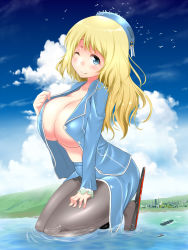 Rule 34 | 10s, 1girl, atago (kancolle), blonde hair, breasts, cleavage, giant, giantess, hat, huge breasts, huge giantess, kantai collection, large breasts, long hair, open clothes, pantyhose, shiina excel, solo