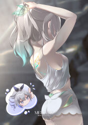 Rule 34 | 1girl, absurdres, ass, back, back tattoo, bare shoulders, bow, breasts, commentary request, cowboy shot, crossed bangs, drill hair, drill ponytail, firefly (honkai: star rail), from behind, gradient hair, green hair, grey eyes, grey hair, hair between eyes, hair bow, highres, honkai: star rail, honkai (series), instagram logo, instagram username, medium breasts, mercury jc, midriff peek, multicolored hair, nape, ponytail, purple bow, shirt, shorts, sideboob, sidelocks, silver wolf (honkai: star rail), solo, tank top, tattoo, thighs, thought bubble, thumbs up, twitter username, twitter x logo, tying hair, white hair, white shirt, white shorts