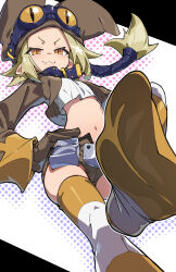 Rule 34 | 1girl, :3, bandages, blonde hair, breasts, brown hat, brown jacket, brown shorts, collar, commentary, commission, cropped jacket, cropped shirt, disgaea, fang, feet, foreshortening, from below, goggles, goggles on head, hairstyle request, hand on own hip, hat, highres, jacket, long hair, long sleeves, midriff, navel, orange eyes, perspective, pointy ears, polka dot, polka dot background, shirt, short shorts, shorts, simple background, skeb commission, slit pupils, small breasts, smug, solo, standing, standing on one leg, stepping, striped clothes, striped thighhighs, thief (disgaea), thighhighs, ushiki yoshitaka, white background, white shirt, wide sleeves, yellow thighhighs