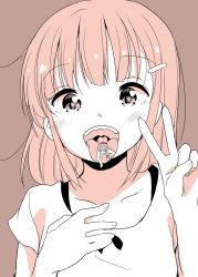 Rule 34 | 1boy, 1girl, child, clothed female nude male, collarbone, detexted, display, fuyuno mikan, happy, highres, looking at viewer, mini person, miniboy, monochrome, nude, open mouth, original, size difference, smile, soft vore, third-party edit, tongue, tongue out, upper body, uvula, v, vore