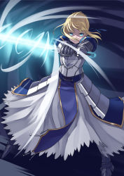 Rule 34 | 1girl, ahoge, armor, armored dress, artoria pendragon (all), artoria pendragon (fate), blonde hair, blue eyes, dress, fate/stay night, fate/zero, fate (series), faulds, gauntlets, greaves, hair ribbon, invisible air (fate), mofu (mof swimradio), ribbon, saber (fate), solo, sword, weapon, wind