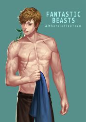 Rule 34 | 1boy, aqua background, bad id, bad pixiv id, bowtruckle, brown hair, chocolazy, copyright name, fantastic beasts and where to find them, freckles, green eyes, harry potter (series), leaf, male focus, newt scamander, scar, simple background, solo, topless male, wizarding world