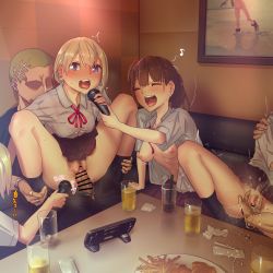 Rule 34 | 2boys, 4girls, age difference, alcohol, backpack, bag, blonde hair, blue eyes, blush, breasts, brown hair, censored, clothed sex, clothes lift, female ejaculation, fingering, food, group sex, has uncensored version, hetero, highres, karaoke, microphone, multiple boys, multiple girls, nipples, open clothes, open fly, open mouth, open shirt, penis, ponytail, public indecency, pussy, school uniform, sex, short hair, skirt, skirt lift, small breasts, spread legs, tagme, vaginal, walking, winter, yamada (gotyui)