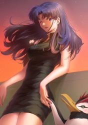 Rule 34 | 1girl, ;d, arm support, bird, black dress, breasts, cross, cross necklace, dress, earrings, evening, green eyes, highres, holding hands, jewelry, katsuragi misato, kobarin, leaning back, long hair, looking at viewer, medium breasts, necklace, neon genesis evangelion, one eye closed, open mouth, orange sky, parted bangs, penguin, penpen, purple hair, short dress, sky, smile, stud earrings, taut clothes, taut dress, wind
