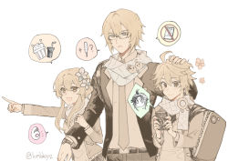 Rule 34 | 1girl, 2boys, aether (genshin impact), ahoge, alternate costume, bag, bespectacled, cellphone, commentary, cup, dainsleif (genshin impact), earrings, english commentary, flower, food, genshin impact, glasses, hair between eyes, hair flower, hair ornament, hand on another&#039;s head, holding, holding phone, jacket, jewelry, lumbbyz, lumine (genshin impact), monochrome, multiple boys, necktie, ok sign, open mouth, parted lips, phone, pointing, popcorn, scarf, short hair with long locks, shoulder bag, simple background, single earring, smile, twitter username, upper body, xiao (genshin impact), yellow theme