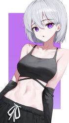 1girl bare_shoulders black_pants black_shirt breasts camisole collarbone cowboy_shot crop_top detached_sleeves drawstring highres huhi_(huhi_1211) ine_(vtuber) long_sleeves looking_at_viewer medium_breasts midriff navel pants parted_lips purple_eyes shirt short_hair sleeveless sleeveless_shirt solo stomach virtual_youtuber waktaverse white_hair