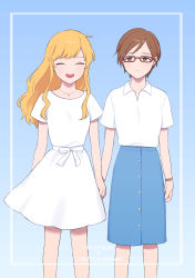 Rule 34 | 2girls, absurdres, aikawa chinatsu, blonde hair, blue skirt, brown eyes, brown hair, character name, chiyoko (tykchiyo), collarbone, commentary request, dress, closed eyes, glasses, highres, holding hands, idolmaster, idolmaster cinderella girls, jewelry, long hair, looking at another, multiple girls, necklace, ohtsuki yui, shirt, short hair, short sleeves, skirt, smile, standing, teeth, upper teeth only, wavy hair, white dress, white shirt