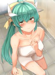 Rule 34 | 1girl, aqua hair, barefoot, bathroom, blush, bow, breasts, closed mouth, collarbone, eyes visible through hair, fate/grand order, fate (series), from above, hair bow, hair ornament, hand on own chest, horns, indoors, kiyohime (fate), long hair, looking at viewer, looking up, medium breasts, naked towel, nose blush, sabujiroko, solo, squatting, sweat, towel, very long hair, wavy mouth, white towel, yellow bow, yellow eyes