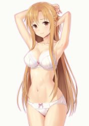 Rule 34 | 1girl, armpits, arms behind head, arms up, asuna (sao), banned artist, bow, bow bra, bow panties, bra, braid, breasts, brown eyes, brown hair, cleavage, closed mouth, collarbone, commentary request, cowboy shot, legs together, long hair, looking at viewer, medium breasts, n.g., navel, paid reward available, panties, pink bow, simple background, smile, solo, standing, stomach, straight hair, sword art online, underwear, underwear only, very long hair, white background, white bra, white panties