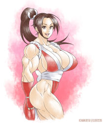 Rule 34 | 1girl, biceps, breasts, brown eyes, brown hair, cleavage, elee0228, fatal fury, female focus, high ponytail, highres, ichan-desu, large breasts, long hair, muscular, ponytail, shiranui mai, smile, solo, the king of fighters