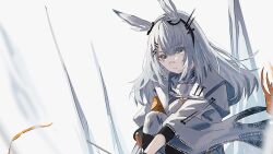 Rule 34 | 1girl, animal ears, arknights, armband, coat, ear ornament, frostnova (arknights), grab pigeon, grey eyes, grey hair, hair ornament, hairclip, highres, long hair, looking at viewer, orange ribbon, rabbit ears, rabbit girl, ribbon, scar, scar on face, scar on nose, simple background, solo, white background, white coat