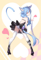 Rule 34 | 1girl, ahoge, animal ear fluff, animal ears, ass, back, backless dress, backless outfit, black dress, black footwear, blue hair, braid, dress, from behind, full body, hair bun, heart, heart background, high heels, highres, long hair, looking at viewer, looking back, mishuo (misuo69421), original, panties, parted lips, pink eyes, single hair bun, solo, tail, tail raised, thick eyebrows, thighhighs, underwear, upskirt, very long hair, white panties, white thighhighs