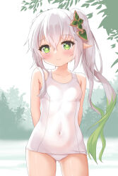 Rule 34 | 1girl, arms behind back, breasts, cross-shaped pupils, elf, genshin impact, gradient hair, green eyes, green hair, hair ornament, highres, leaf hair ornament, long hair, multicolored hair, nahida (genshin impact), one-piece swimsuit, pointy ears, school swimsuit, side ponytail, small breasts, solo, swimsuit, symbol-shaped pupils, white hair, white one-piece swimsuit, yuetsu
