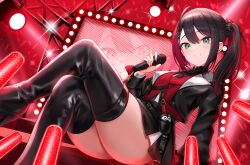 Rule 34 | 1girl, absurdres, bird, black footwear, black hair, black jacket, boots, colored inner hair, glowstick, green eyes, high heel boots, high heels, highres, hizuki yui, holding, holding microphone, jacket, long hair, looking at viewer, microphone, miniskirt, mole, mole under eye, multicolored hair, neo-porte, penguin, penlight (glowstick), red hair, roina (effj7473), sitting, skirt, smile, solo, stage lights, thigh boots, thighhighs, virtual youtuber, zettai ryouiki