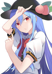 Rule 34 | 1girl, :/, arms up, black headwear, blue hair, blush, buttons, center frills, collared shirt, commentary request, e.o., fingernails, flat chest, food-themed hat ornament, frills, fruit hat ornament, furrowed brow, hair between eyes, hat ornament, highres, hinanawi tenshi, leaf, long hair, looking at viewer, peach hat ornament, pointing, pointing to the side, puffy short sleeves, puffy sleeves, red eyes, red neckwear, red ribbon, ribbon, shirt, short sleeves, sidelocks, simple background, solo, standing, touhou, upper body, white background, white shirt, wing collar