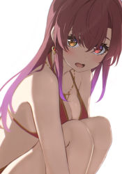 Rule 34 | 1girl, bikini, blush, breasts, cleavage, commentary request, earrings, gold trim, hair between eyes, heart, heart earrings, heart necklace, heterochromia, hololive, houshou marine, houshou marine (summer), icehotmilktea, jewelry, knees to chest, long hair, medium breasts, necklace, open mouth, red bikini, red eyes, red hair, revision, simple background, solo, straight hair, strap gap, swimsuit, virtual youtuber, white background, yellow eyes