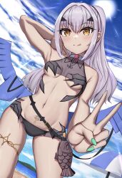 Rule 34 | 1girl, absurdres, arm behind head, arm up, armpits, bare shoulders, beach, bikini, black bikini, blue sky, blush, breasts, dragon wings, fate/grand order, fate (series), forked eyebrows, high ponytail, highres, licking lips, long hair, looking at viewer, melusine (fate), melusine (swimsuit ruler) (fate), melusine (swimsuit ruler) (first ascension) (fate), navel, pubic tattoo, shore, sidelocks, sky, small breasts, smile, solo, swimsuit, tail, tattoo, thighlet, thighs, tongue, tongue out, toukan, v, white hair, wings, yellow eyes