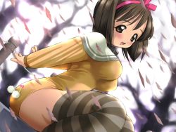 Rule 34 | 1girl, ass, bare tree, breasts, brown eyes, brown hair, brown thighhighs, dutch angle, highres, impossible clothes, large breasts, long sleeves, looking at viewer, nikaime, oppai loli, petals, plant, short hair, simple background, solo, striped clothes, striped thighhighs, thighhighs, togusa masamu, tree, zettai ryouiki