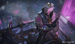 Rule 34 | 1boy, absurdres, animal ears, bare shoulders, beard, cityscape, facial hair, fingernails, from above, full body, glowing, glowing eyes, hair slicked back, highres, hyxifeng, league of legends, male focus, mature male, muscular, muscular male, mustache, nail polish, official alternate costume, purple nails, sharp fingernails, short hair, shoulder tattoo, smile, solo, sylas (league of legends), tattoo, thick eyebrows, white hair, wolf ears