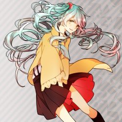 Rule 34 | 1girl, aqua hair, aqua neckerchief, bare legs, between legs, black socks, blush, diagonal stripes, feet out of frame, floating hair, hair ornament, hair scrunchie, hand between legs, hatsune miku, highres, kneehighs, long hair, long sleeves, looking at viewer, multicolored hair, neckerchief, necktie, own hands together, parted lips, pleated skirt, red skirt, scrunchie, skirt, smile, socks, solo, star (symbol), striped, striped background, tadano yukiko, twintails, very long hair, vocaloid, wide sleeves, yellow eyes