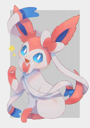 Rule 34 | commentary request, creatures (company), fangs, full body, game freak, gen 6 pokemon, highres, kikuyoshi (tracco), looking at viewer, looking to the side, nintendo, no humans, open mouth, pokemon, pokemon (creature), signature, sitting, solo, star (symbol), sylveon, toes, tongue, white fur