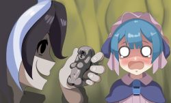 Rule 34 | 1boy, 1girl, absurdres, bad hands, black eyes, black hair, blue hair, chastity cage, drawfag, highres, indoors, made in abyss, maruruk, multicolored hair, no pupils, ozen, smile, streaked hair, tearing up, upper body, whistle