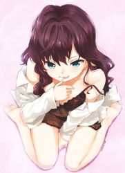 Rule 34 | 10s, 1girl, 2015, bare legs, barefoot, between legs, blue eyes, breasts, brown hair, dated, full body, hand between legs, ichinose shiki, idolmaster, idolmaster cinderella girls, long hair, looking at viewer, nagian, saliva, saliva trail, sitting, smile, solo, strap slip, tongue, tongue out, wariza
