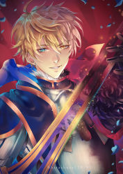 Rule 34 | 1boy, armor, armored dress, arthur pendragon (fate), arthur pendragon alter (fate), artist name, blonde hair, blue cape, blue dress, breastplate, cape, dated, dress, excalibur (fate/prototype), excalibur (fate/stay night), fate/grand order, fate/prototype, fate (series), gauntlets, greaves, green eyes, hair between eyes, highres, holding, holding sword, holding weapon, looking at viewer, male focus, pauldrons, shirashura, short hair, shoulder armor, smile, solo, sword, upper body, weapon